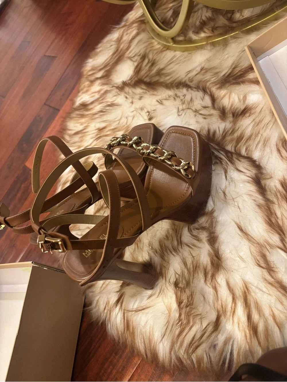 Michael Kors Brown Tan Platform High Heel Sandals with Gold Chain